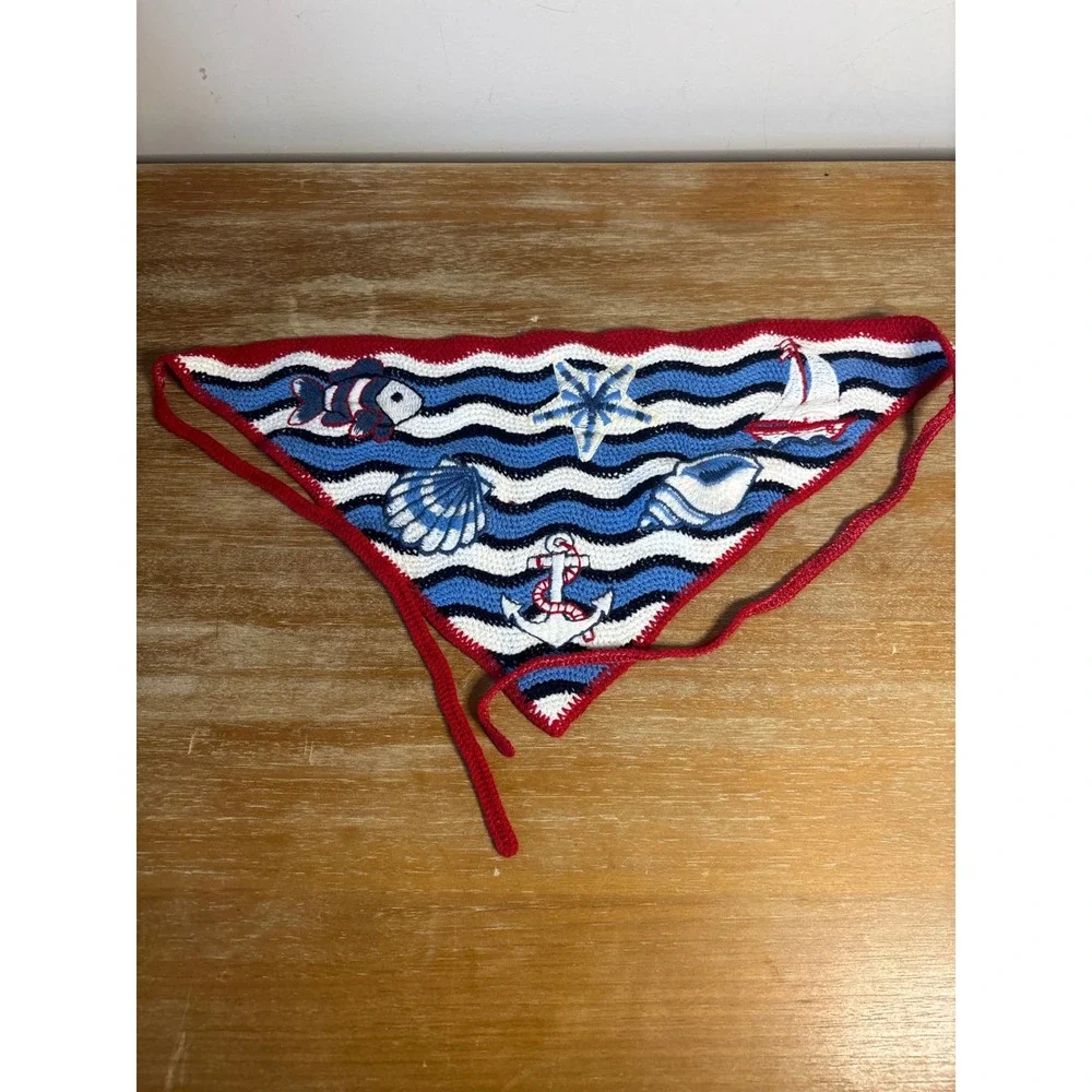 Handmade Crochet Nautical Hair Bandana Anchor Sailboat Shell Blue White Red Tie